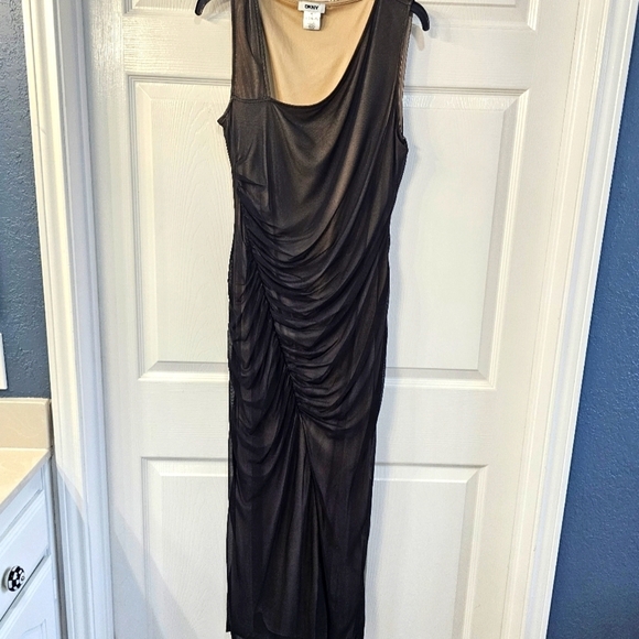 NWT DKNY Asymmetric Neck Sleaveless Shimmer Sheath Dress Size 10 Brown & Tan - Picture 1 of 12